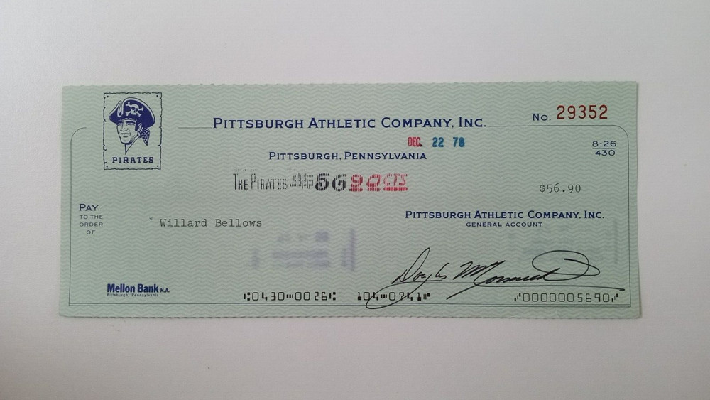 Willard Bellows: 1978 Pittsburgh Pirates Expense Check