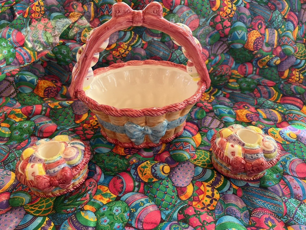 Handpainted Ceramic Easter Basket With Candle Holders 3 Pc Centerpiece Set
