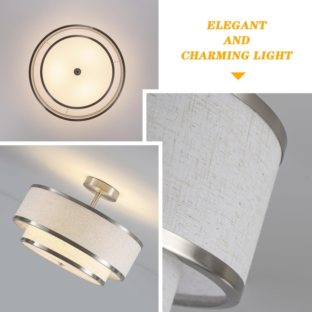 Semi Flush Mount Ceiling Light, 3-Light Double Drum Ceiling Light Fixture wit...