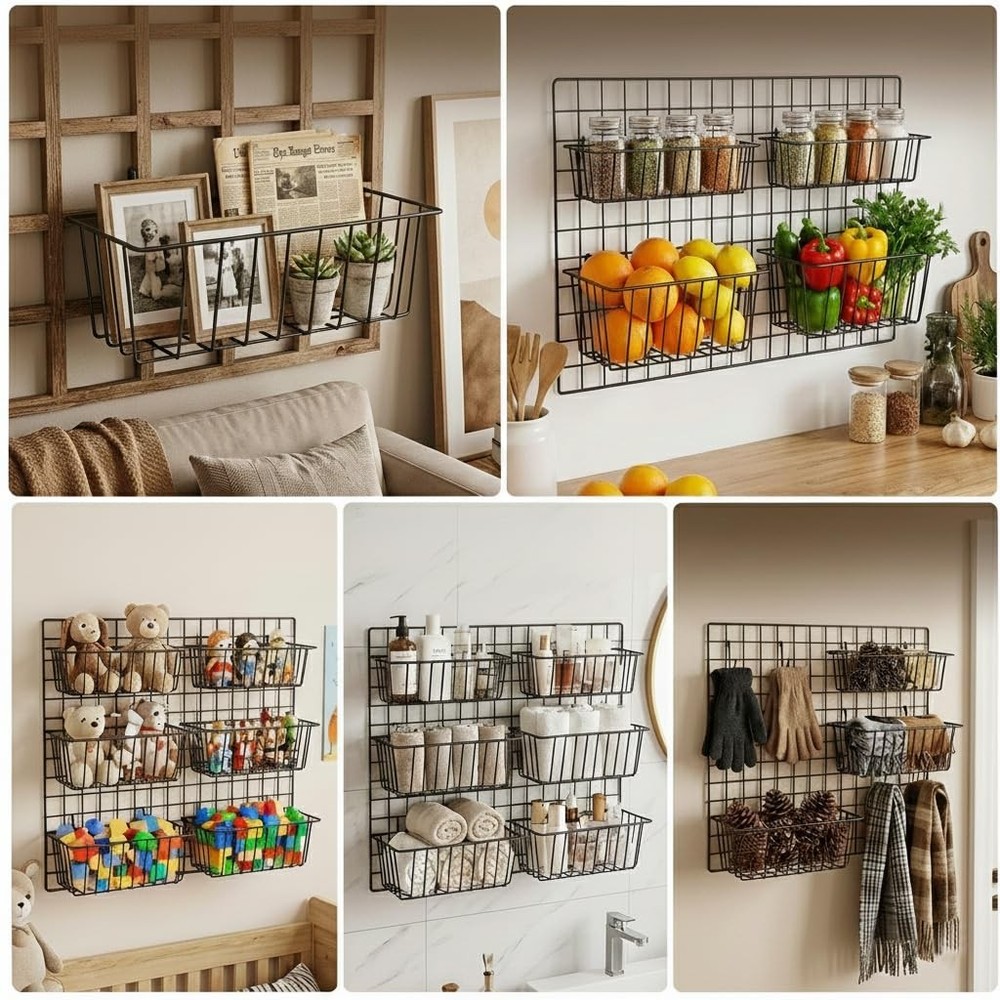 10 PCS Wire Baskets Wall Grid Panel Hanging Wire Basket Hanging Wall Baskets ...