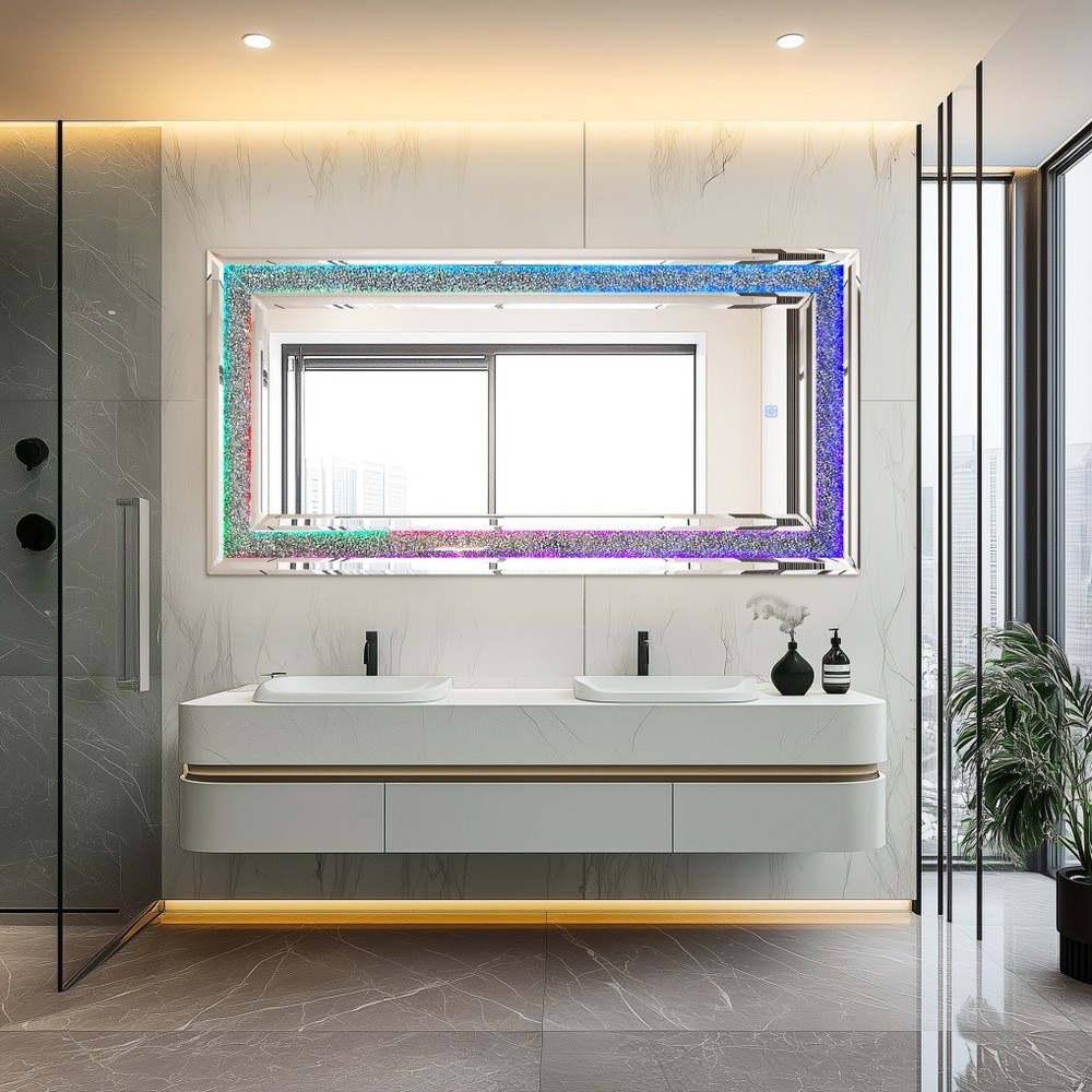 LED Crushed Diamond Mirror 48x24 inch Rectangular Crystal Vanity with RGB Lights