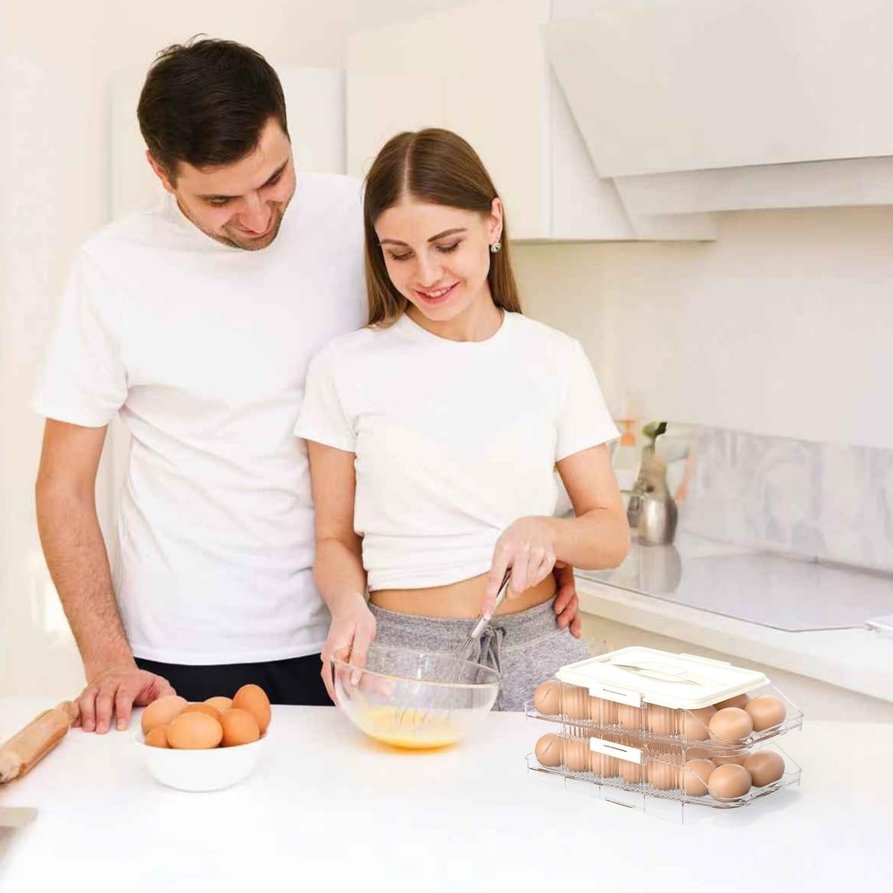 Automatic Rolling Egg Holder for Fridge, Clear 2 Row 3 layers (42 Eggs)