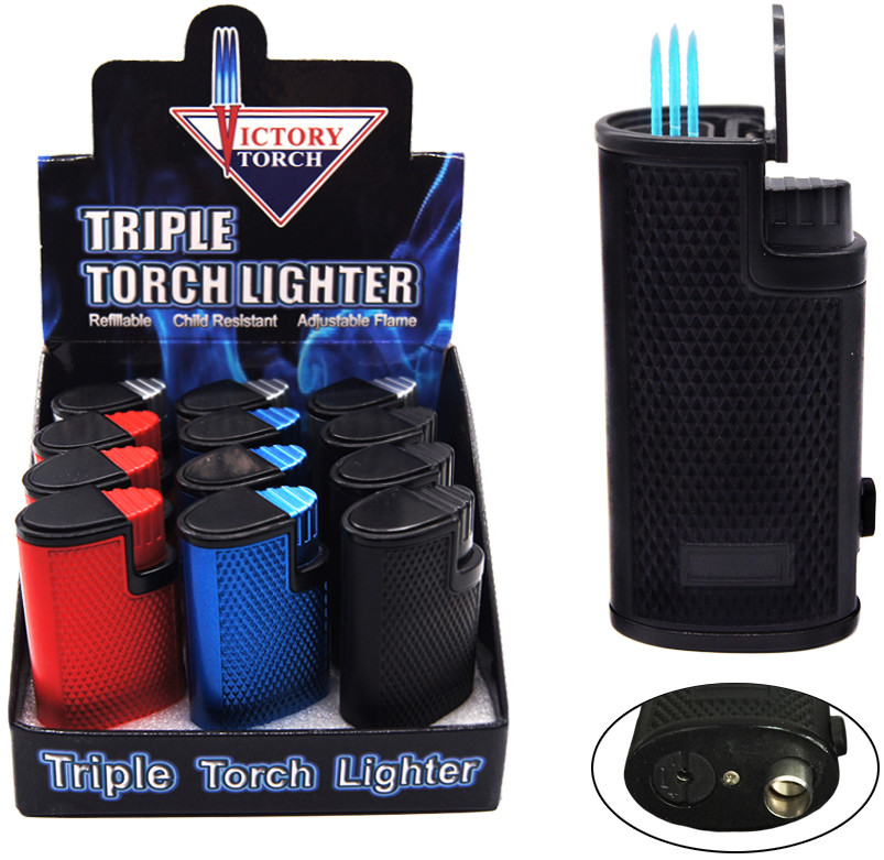 Shinny Triple Jet Torch Lighter Adjustable Windproof Butane Refillable Puncher