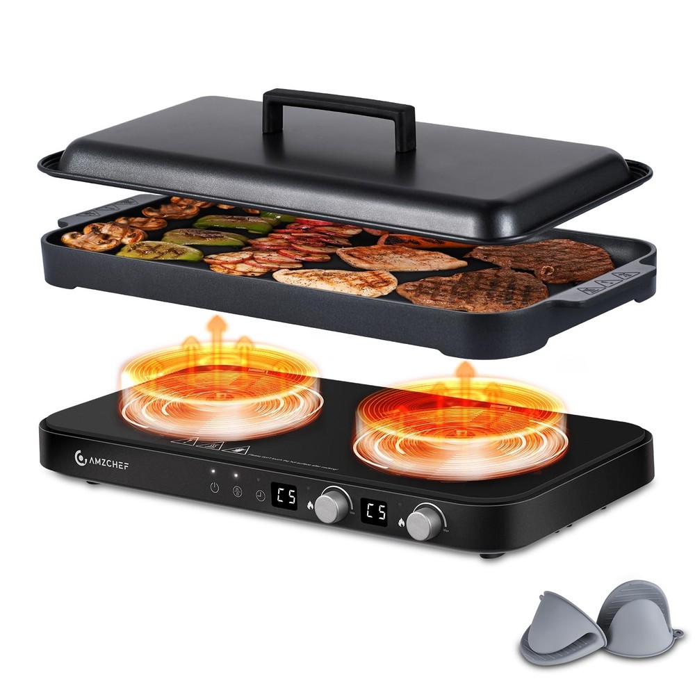 Double Induction Cooktop with Removable Griddle Pan Non-stick, 1800W 2 burner...
