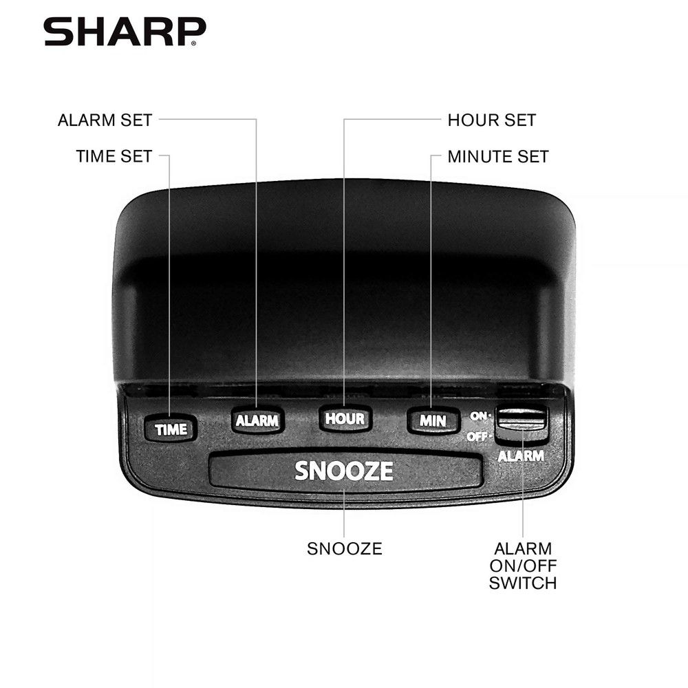 Sharp Digital Alarm Clock with Keyboard Style Controls, Battery Small, Black