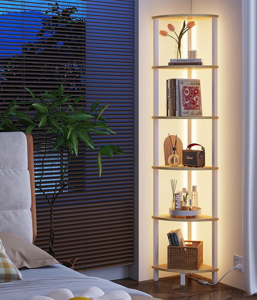 VIMBER 6-Tier Corner Shelf with LED Light, Industrial Corner Ladder Shelf, Rusti