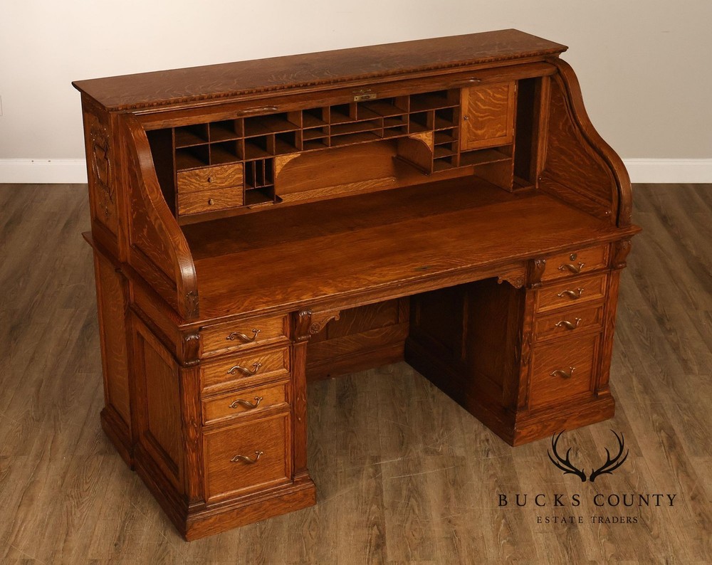 Oak Roll Top Desk With Carved 'Reading Hardware Co." Crest Panel