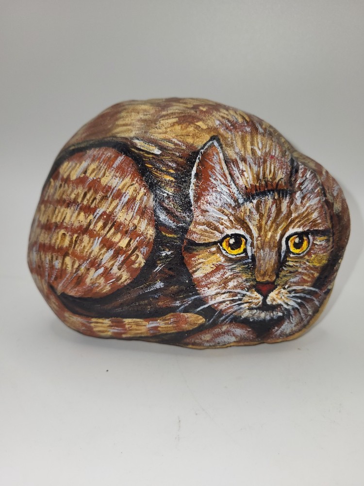 Handpainted Brown Striped Tabby Tiger Cat On A Rock Stone