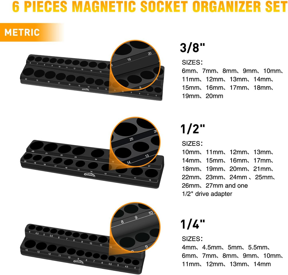Magnetic Socket Organizer Set, 6 Pieces Magnetic Socket Holder 1/2", 1/4", 3/8"