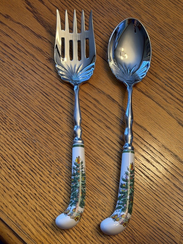 SPODE Christmas Tree Serving Spoon & Meat Fork Set Holiday Servers