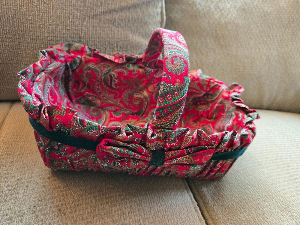 11" fabric red Christmas basket with handle