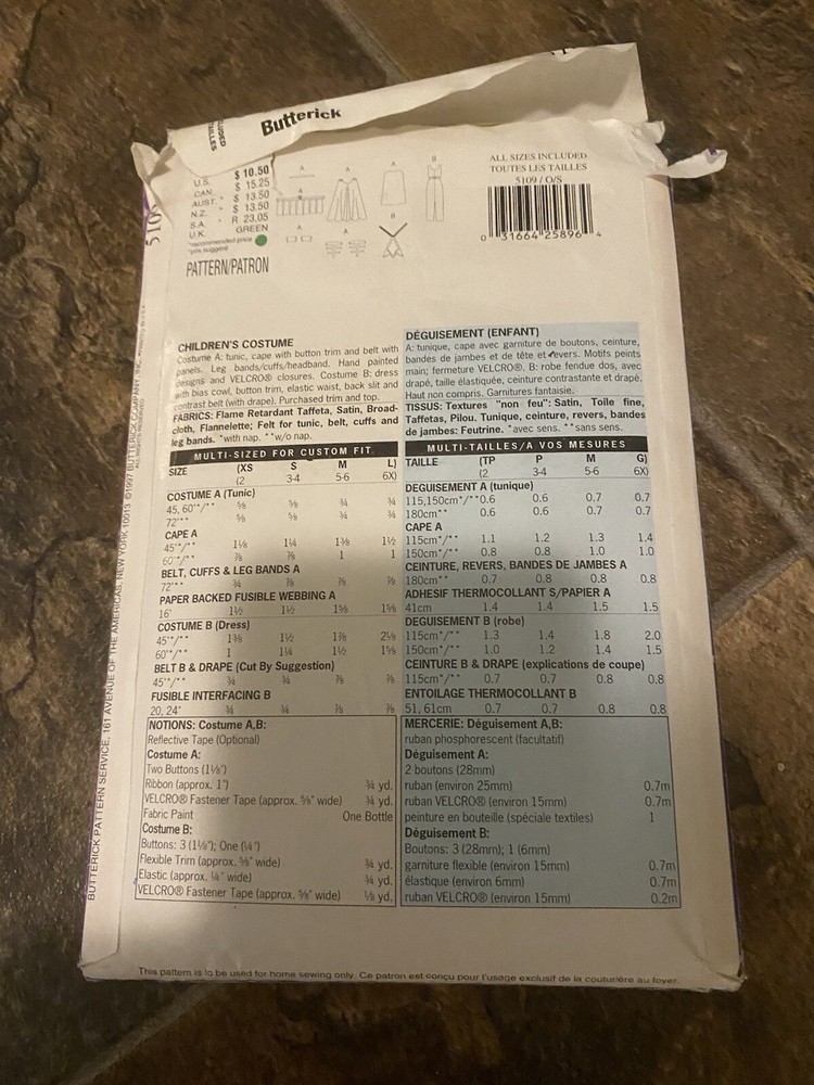 Butterrick All Sizes Costume Sewing Pattern 5109