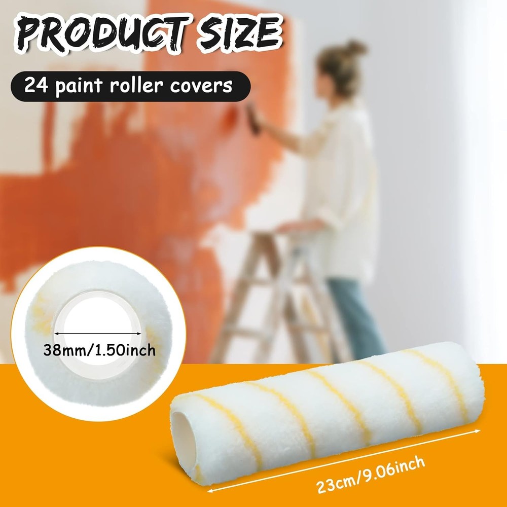 24 Pack Paint Roller Covers 9 x 1/2 Inch Microfiber Paint Roller Covers Large