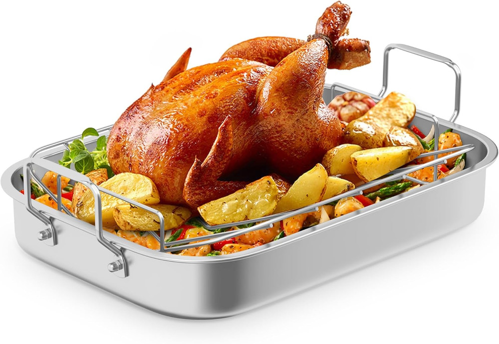 15.6'' Roasting Pan with V-Shaped Rack, Rectangular Lasagna Pan with Handle, Non