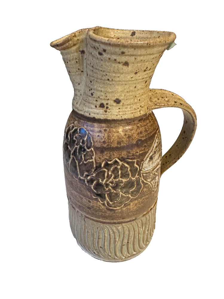 Catherine Cariaso Studio Handmade Signed Stoneware Pottery Pitcher Floral Design