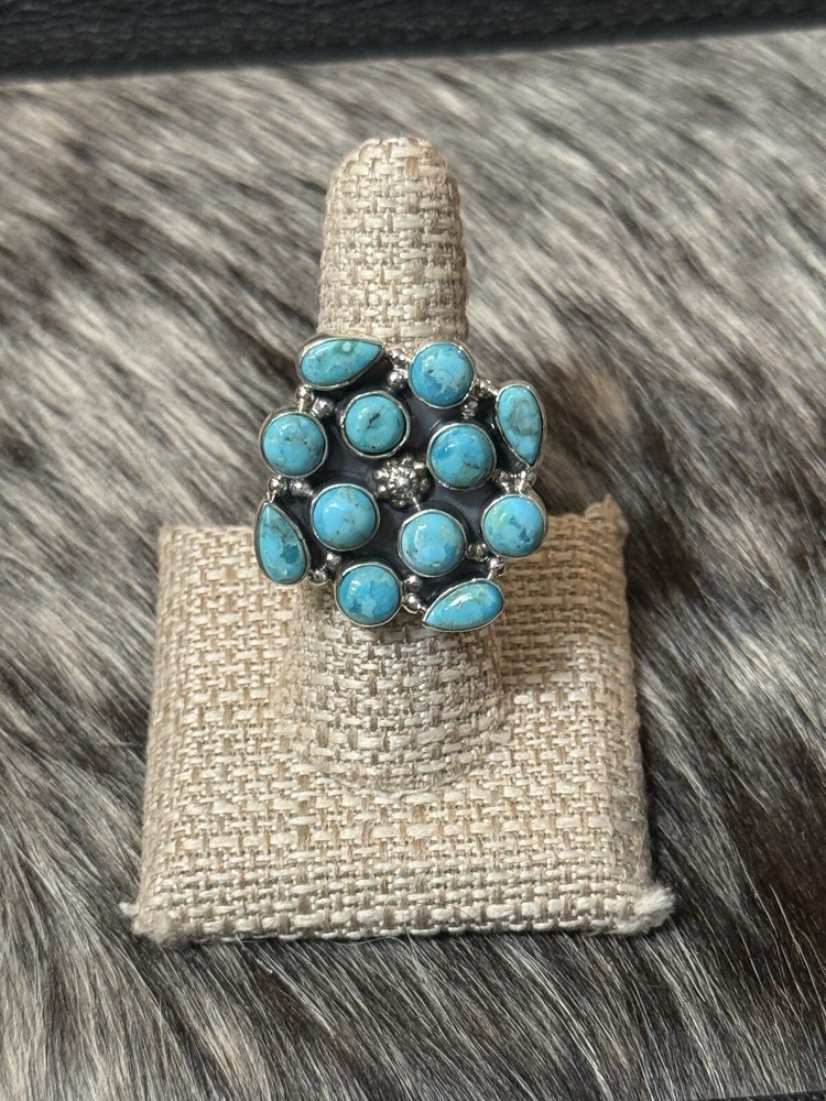 Native Southwest Sterling Silver Blue Turquoise Cluster🩵💙 Ring Adjustable