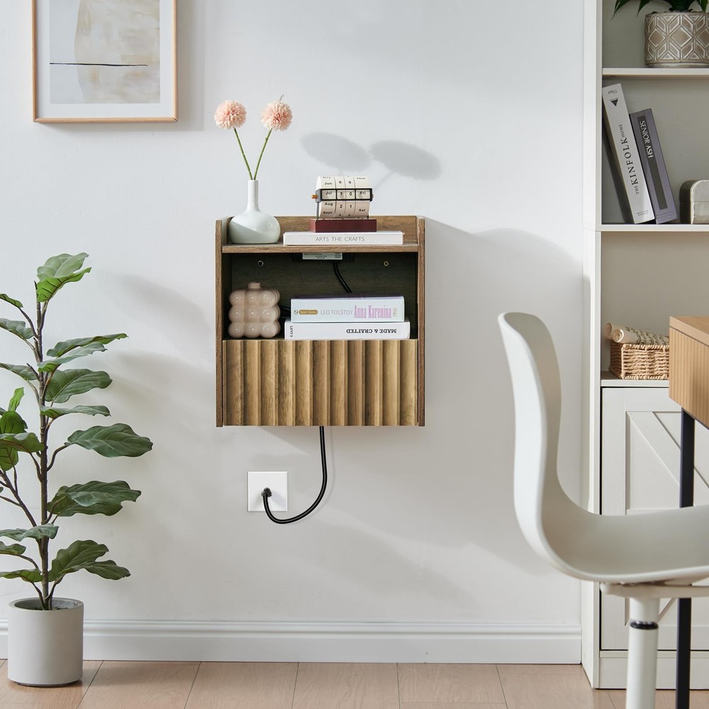 Modern Fluted Floating Nightstand Wall Mounted - Bedside Table with Storage D...
