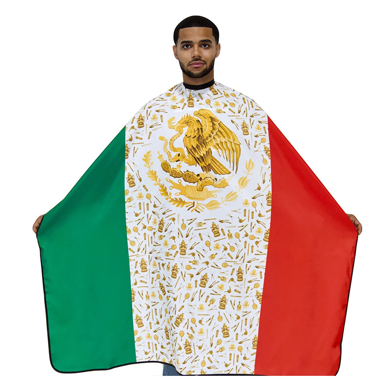 King Midas Barber Styling Cutting "Mexico Flag" Cape Elastic Neck Hook Closure
