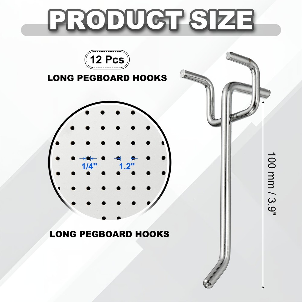 12 Pcs Pegboard Hooks, 3.9" Peg Board Hooks Kit, Silver Tone (1.2mm)