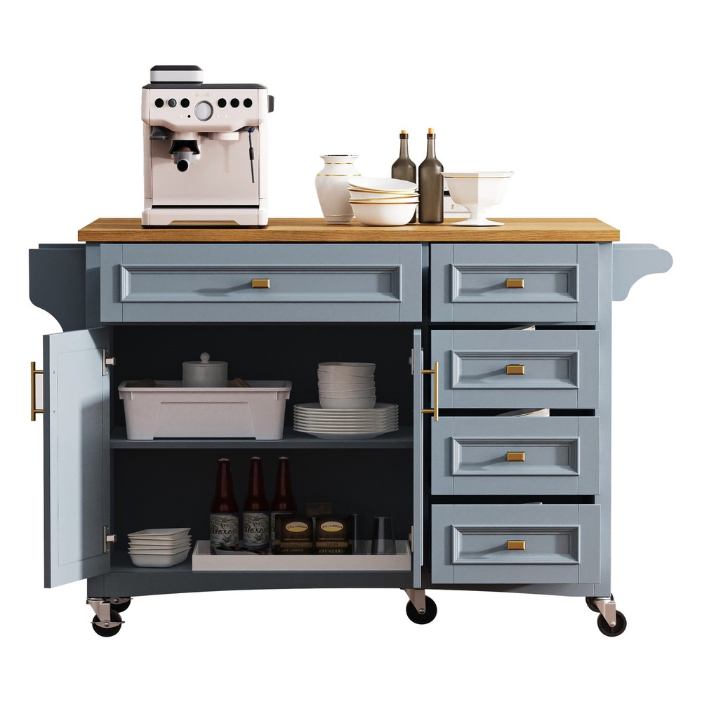 K&K 52'' Kitchen Island with Drop Leaf, Embossed Texture Kitchen Island on Whe