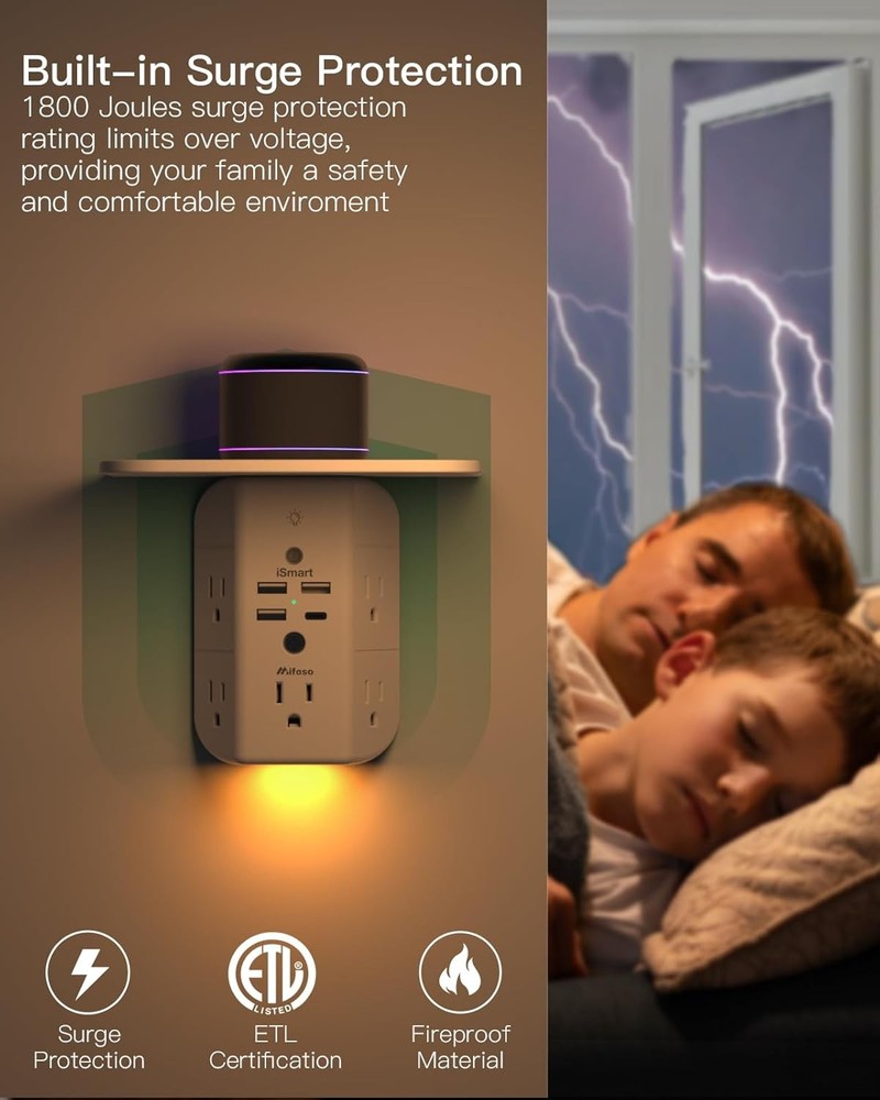 Wall Outlet Extender with Shelf and Night Light Surge Protector Wall Mount