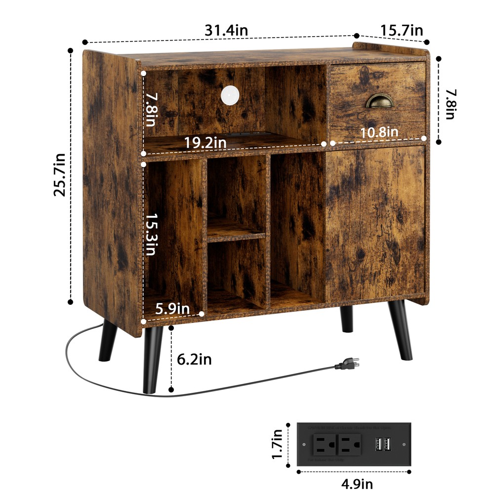Large Record Player Stand Vinyl Record Storage Table Power Outlet Display Shelf