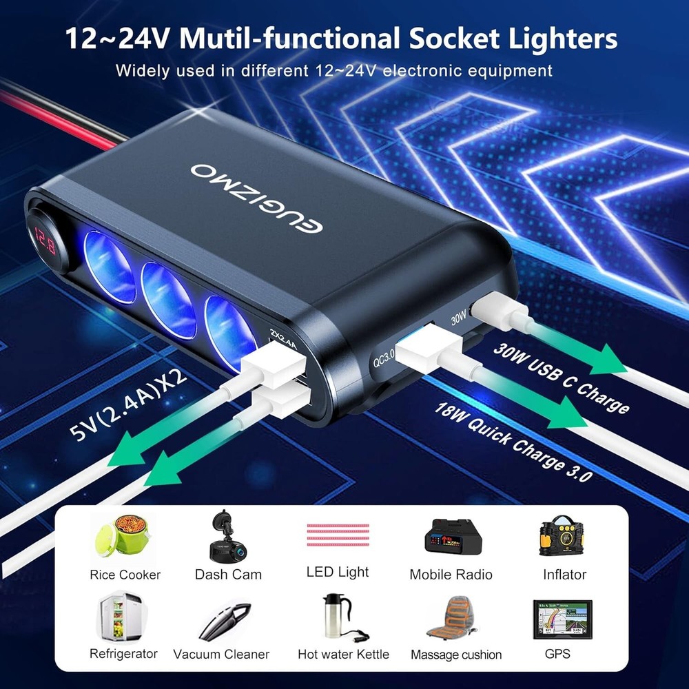 12V Cigarette Lighter Socket Splitter - Charge 7 Devices with Smart Technology