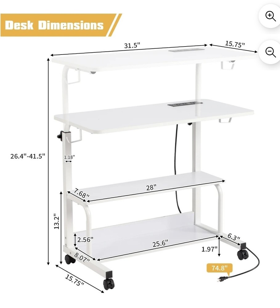 Rolling Adjustable Computer Desk 31.5" Mobile Laptop Table w/ Shelves Wheels