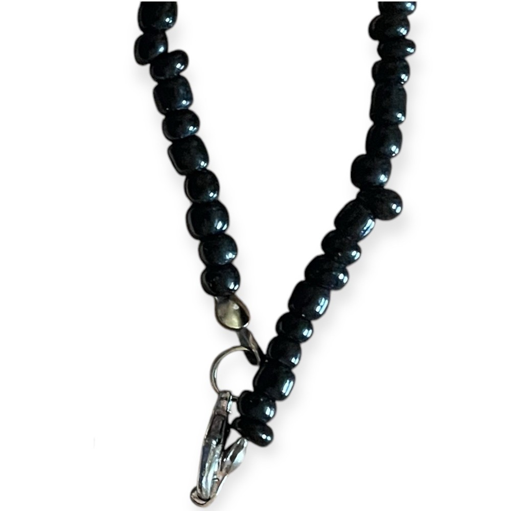 19” Black Beaded Necklace Silver Accent Filigree Spacer Boho Statement Beadwork