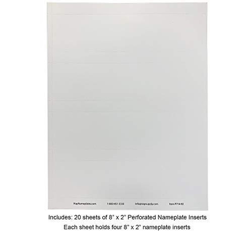 20-Pack Perforated Nameplate Inserts: 8" x 2" Size. 8" x 2" White