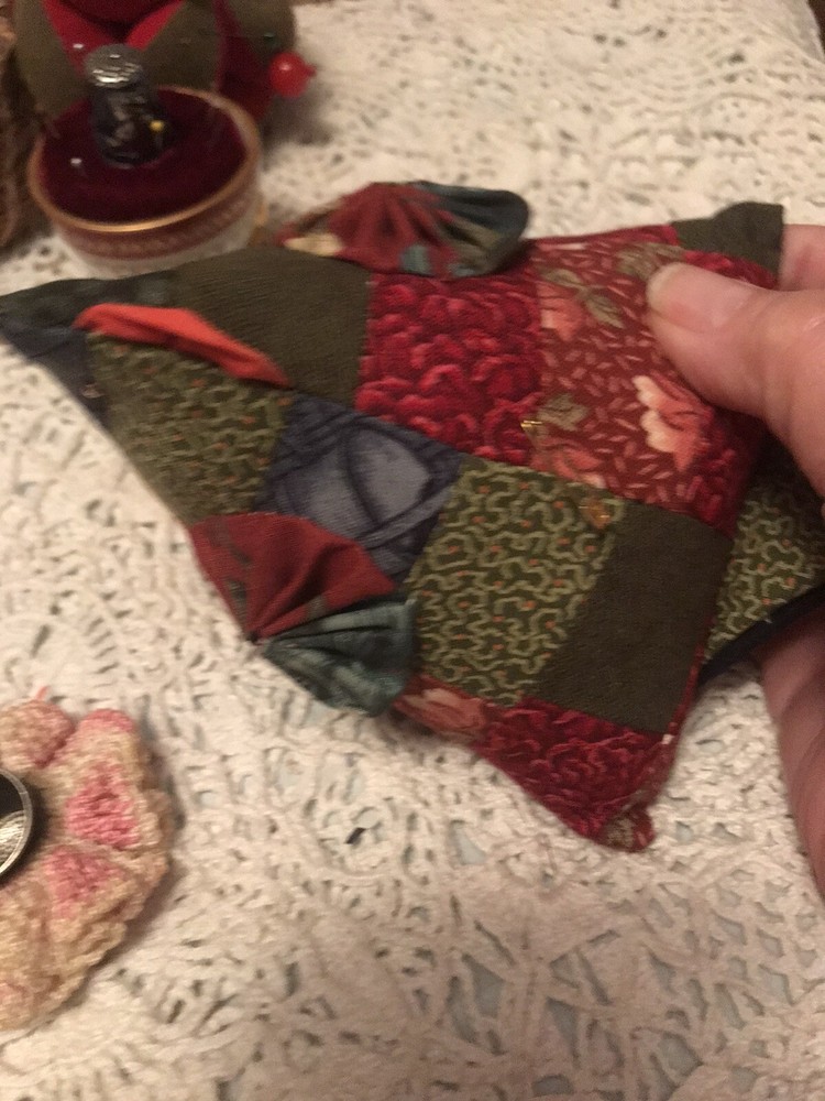 vintage patchwork pin cushion with crocheted Thimble cover & Thimble