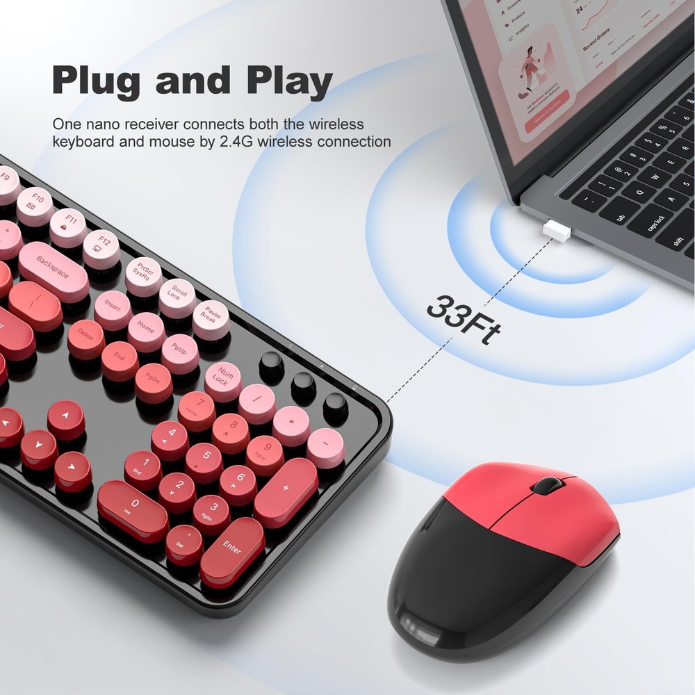 Wireless Keyboard Mouse Combo 2.4GHz Retro Typewriter Black Red Gradient