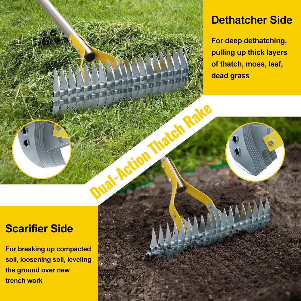 Garden Leaf Rake: Dual Function Thatching Rake for Lawn Dead Grass Silver