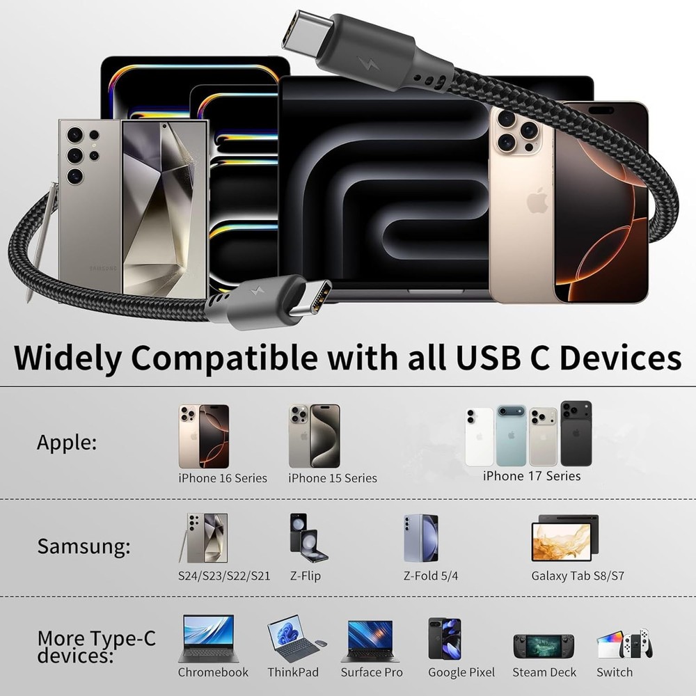 Short USB C to C Cable 1 ft 3Pack, C Support 1FT, Black