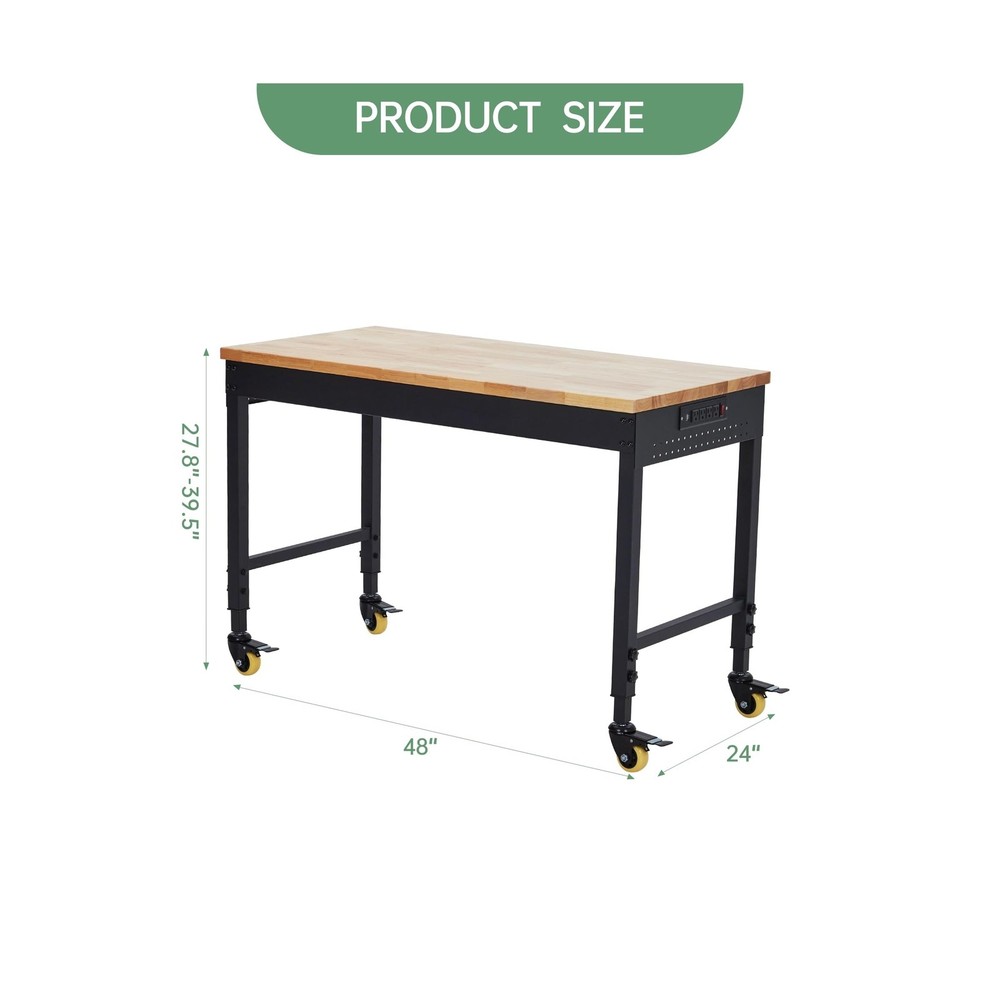 48" Adjustable Height Workbench, Rubber Wood Tabletop Work Table with Wheels,...
