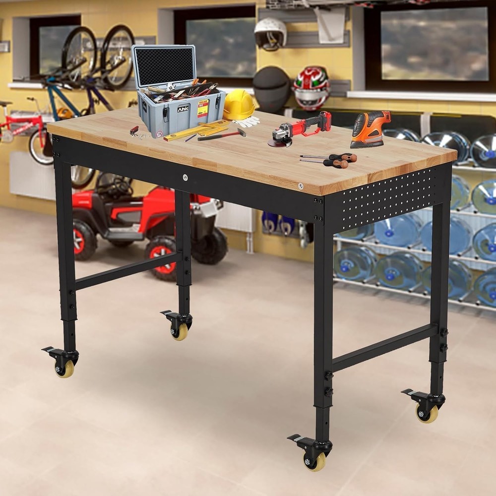 60" ×22" Adjustable Workbench, Rolling Heavy-Duty Worktable with Power Outlet