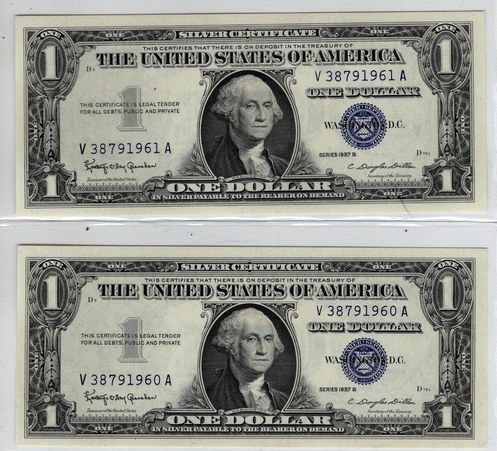 1957-B $1 Silver Certificate  UNC Lot (2) Sequential Notes, Nice And Crispy!!!