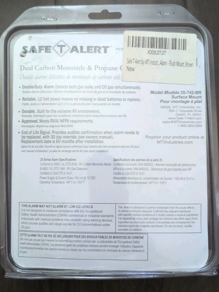 MTI Industry 35-742-BR Safe-T-Alert Carbon Monoxide Propane Leak Detector Camper