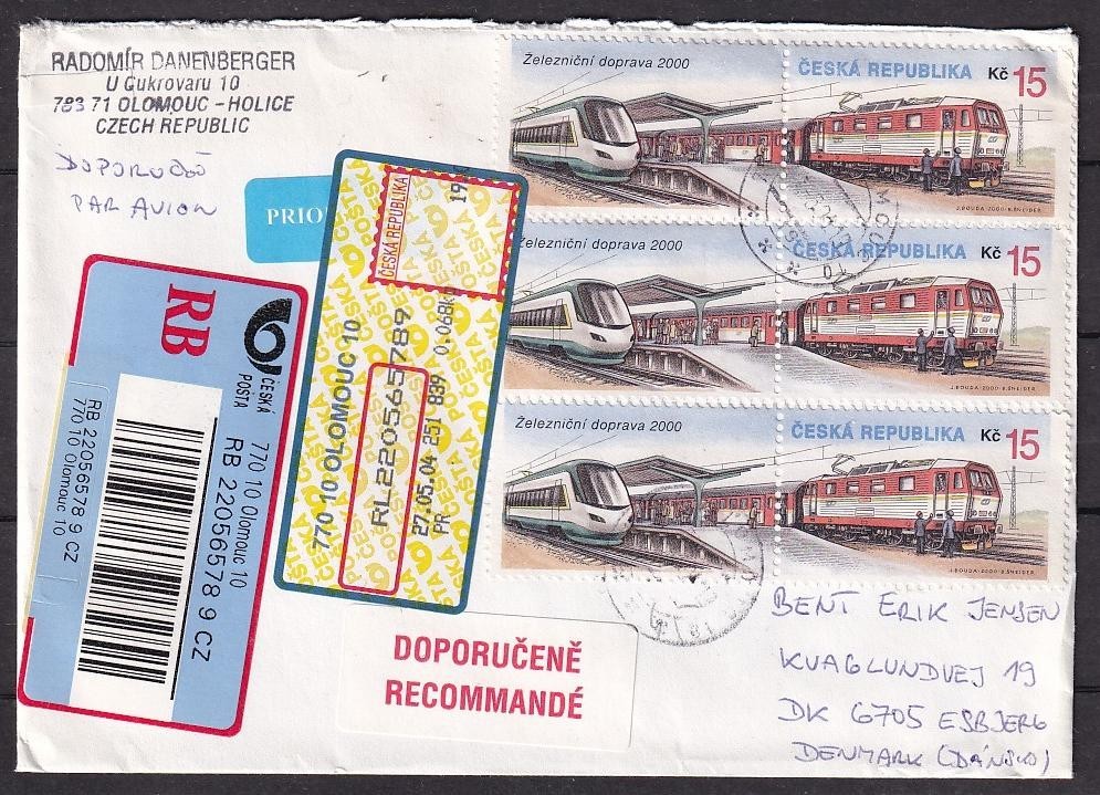 w3340/ Czechoslovakia Registered Cover t/Denmark 2004 w/Train Railway