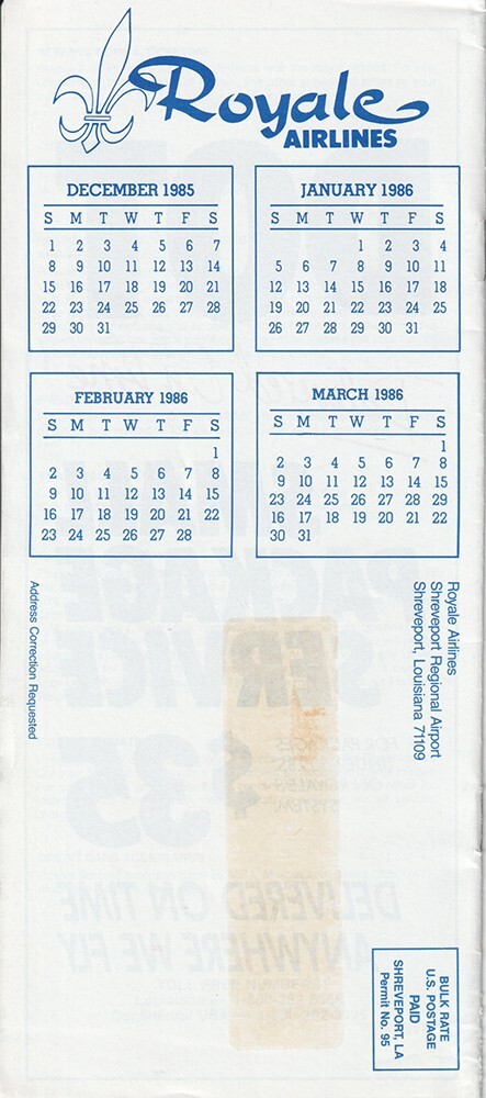 Royale Airlines timetable 1985/12/01
