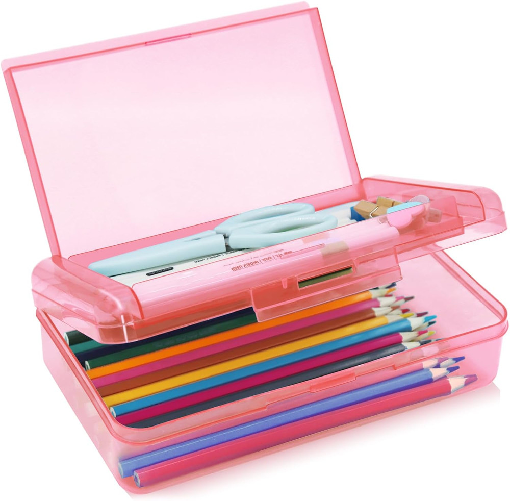 1 Pack Double Layer Hard Pencil , Plastic Translucent Pencil Box with Snap-Tight