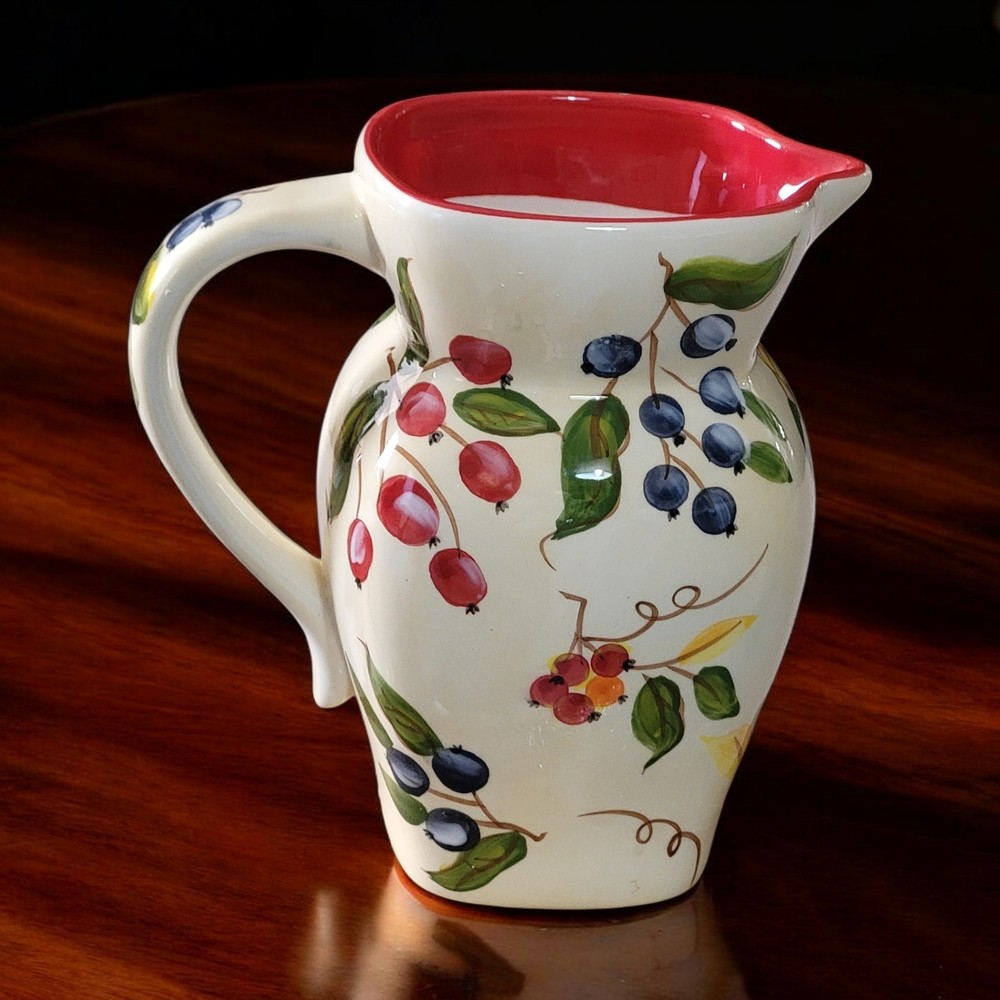 1983 FTD Hand Painted Ceramic SQUARE Top PITCHER - Blueberries & Cherries