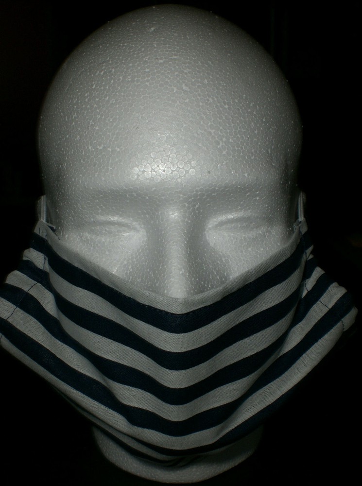Face Mask Navy Blue White Stripe Pattern Covering 100% Cotton Washable Reusable