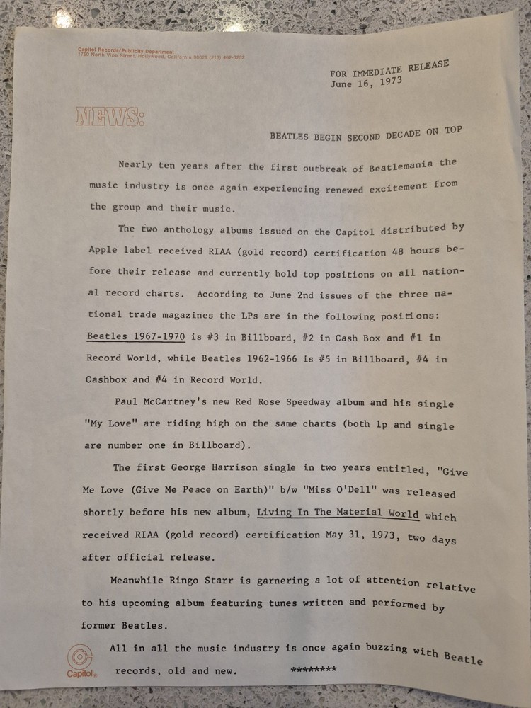 The Beatles 1973 Press Release Document Beatlemania