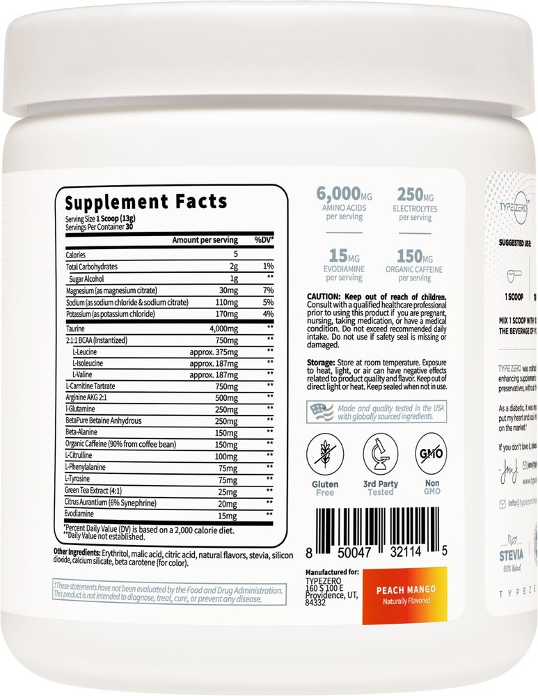 Type Zero AminoBurn - Natural Pre Workout + BCAA (Peach Mango | 30serv)