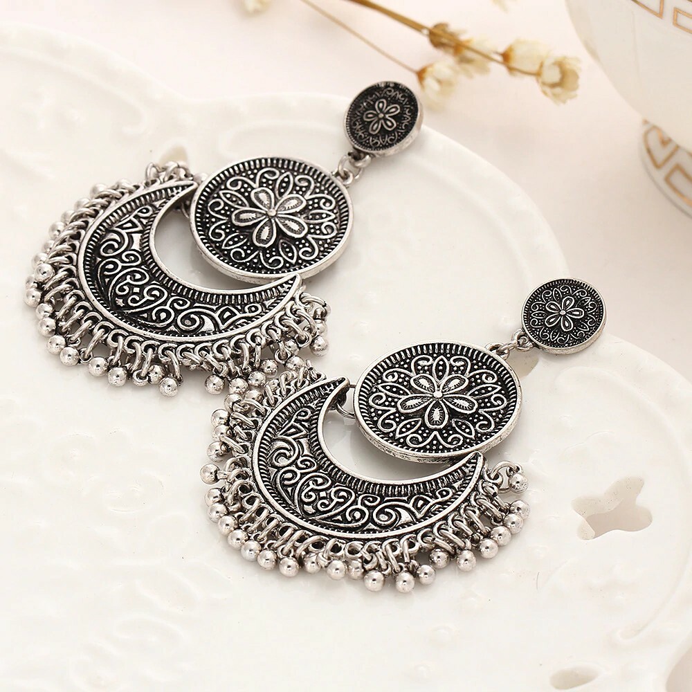 Vintage Bohemian Style Silver Drop Earrings