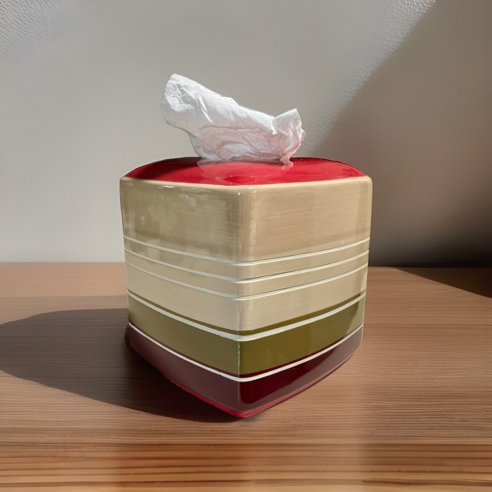 Ceramic Tissue Box Holder Square Striped 6” X 6” Retro Colors