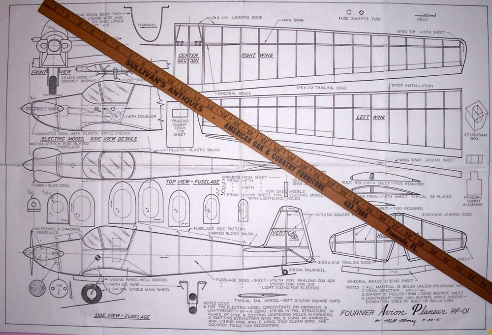 ALPAVIA / FOURNIER RF-3 PLAN + CONSTRUCTION ARTICLE for a 64" RC Model Airplane