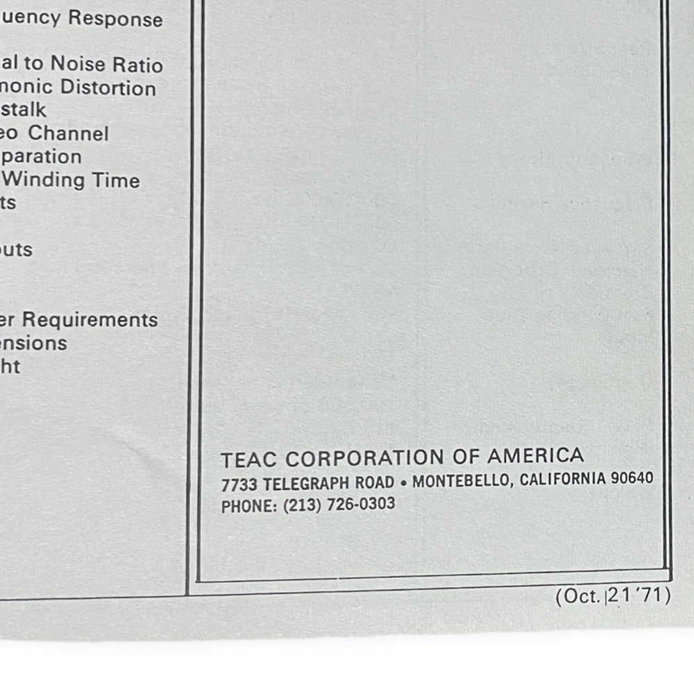 TEAC Specification Chart 1971 Stereo Tape Decks Auto Cassette More