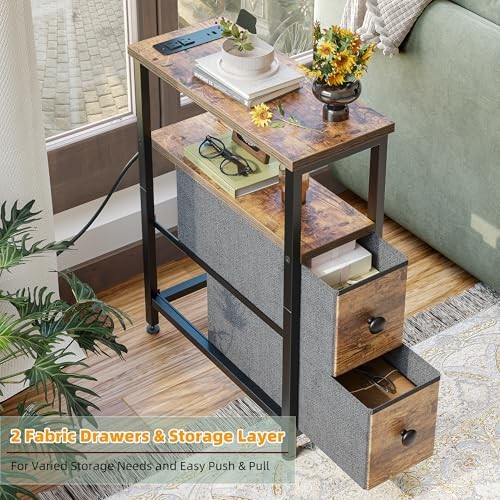 End Table with Charging Station, Narrow Side Table with 2 Fabric Rustic Brown